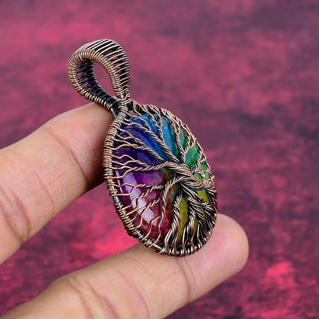 Tree Of Life Rainbow Solar Quartz Druzy Gemstone Pendant Copper Wire Wrap Pendant