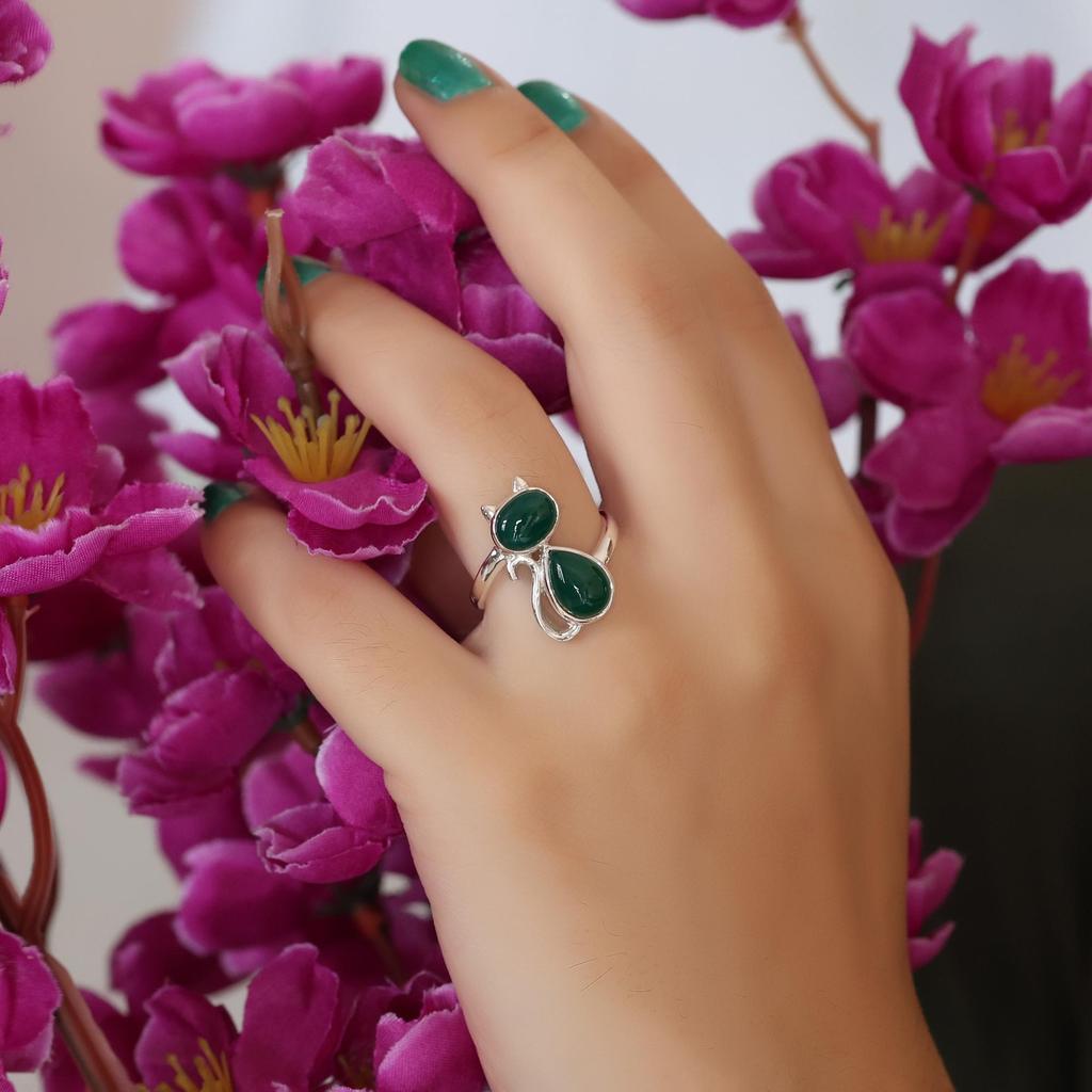Green Onyx Silver Cat Ring, Gifts For Her, 925 Sterling Silver Handmade Jewelry, Silver Animal Jewelry, Women Ring Ar8926