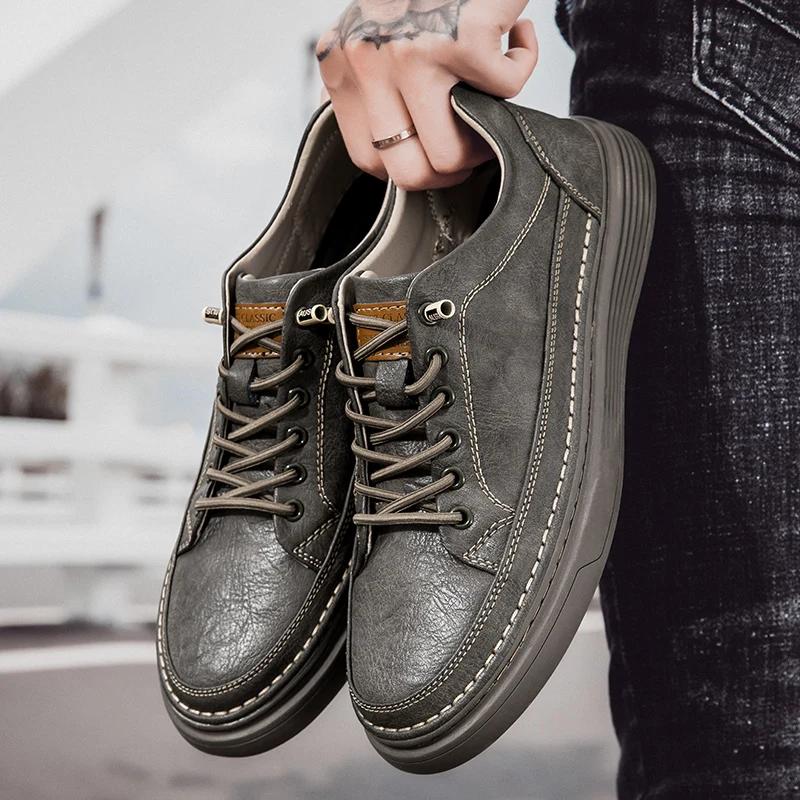 Fashion Comfortable Soft Sole Casual Shoes Men's Lace Up Oxford Shoes Cowhide Thick Bottom Outdoor Wear Resistant Non-slip Walking Shoes