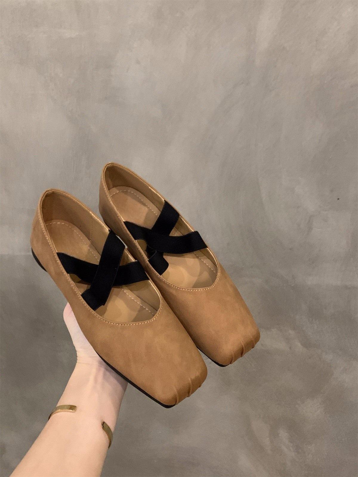 

Ballet pleated shallow mouth flat-soled single shoes 2025 spring new soft-soled shoes fairy shoes cross-strap Mary Jane shoes 35 хаки