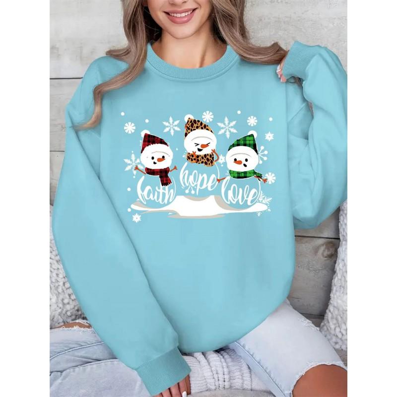 Christmas Snow Print Crew Neck Sweatshirt Women Loose Fit Casual Long Sleeve Top