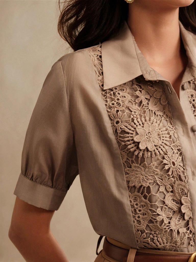 Spitzenpatchwork lässiges kurzärmeliges Damenhemd - Trend 2025