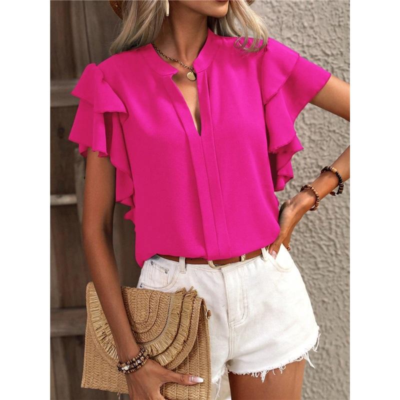 Summer New European And American V-neck Flying Sleeve Shirt Slim Fit And Slimming Chiffon Top