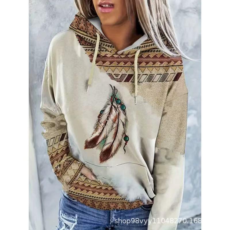 Womens Winter Hooded Sweatshirt Ethnic Print Loose Fit Long Sleeve Pullover Casual Oversized Top