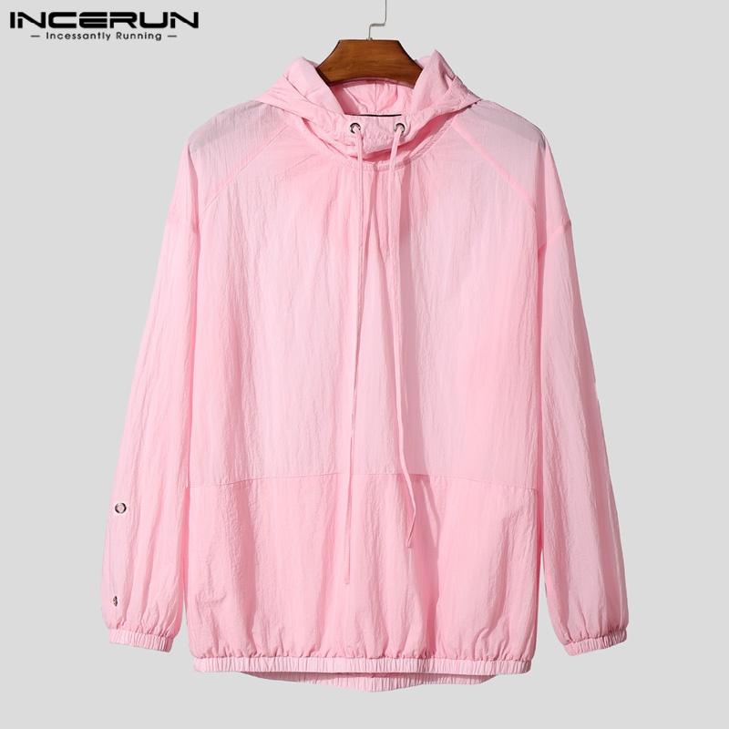 INCERUN Pánské topy s dlouhým rukávem, mírně průsvitné, volné, s kapucí a stahovací šňůrkou