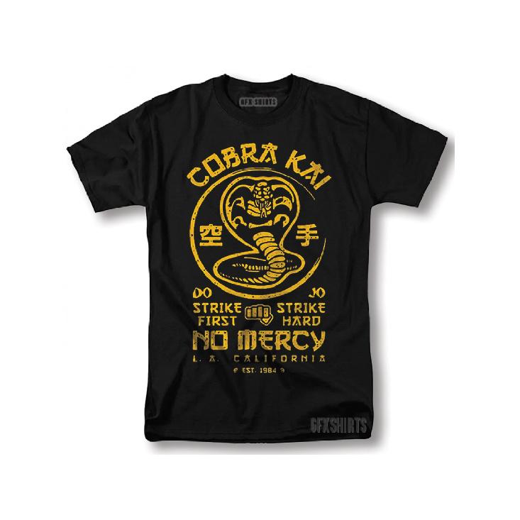 Cobra Kai TV Show T-Shirt - Strike First Strike Hard No Mercy Vintage Graphic Tee Black with Yellow Print, Regular Fit Round Neck, 1984 California S чёрный