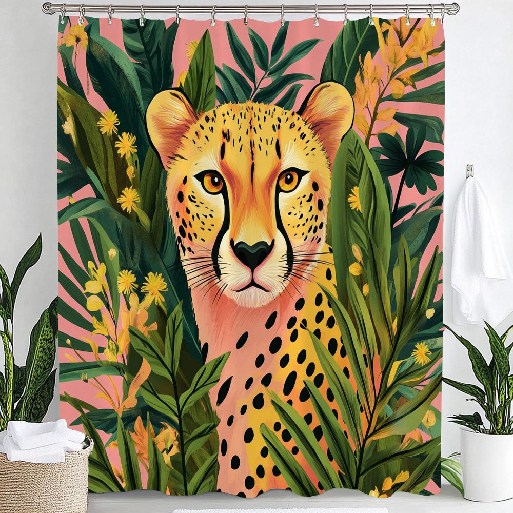 Tropical Plants, Flowers and Pink Leopards Print Waterproof Shower Curtain Hanging Curtain 12 Hooks Decoration Machine Washable