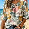 Women's Vintage Big Floral Leaf Print Tie Neck Ruffle Cuff 3/4 Sleeve Soft Flowery Loose Blouse