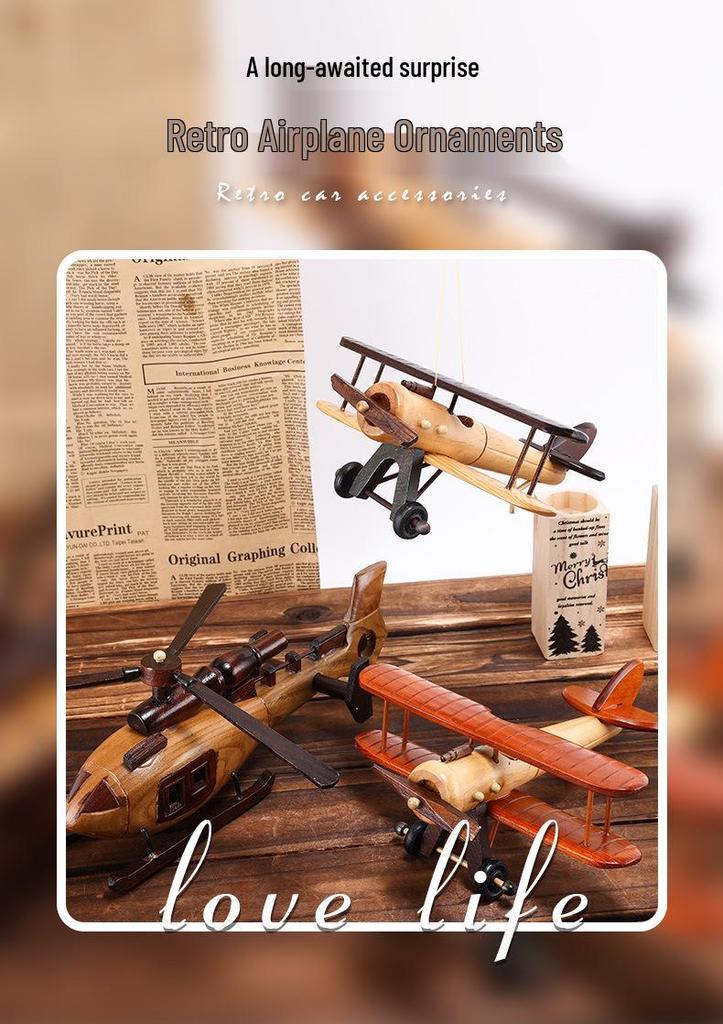 Retro Wooden Airplane Model Ornament - Handcrafted Desktop Decoration