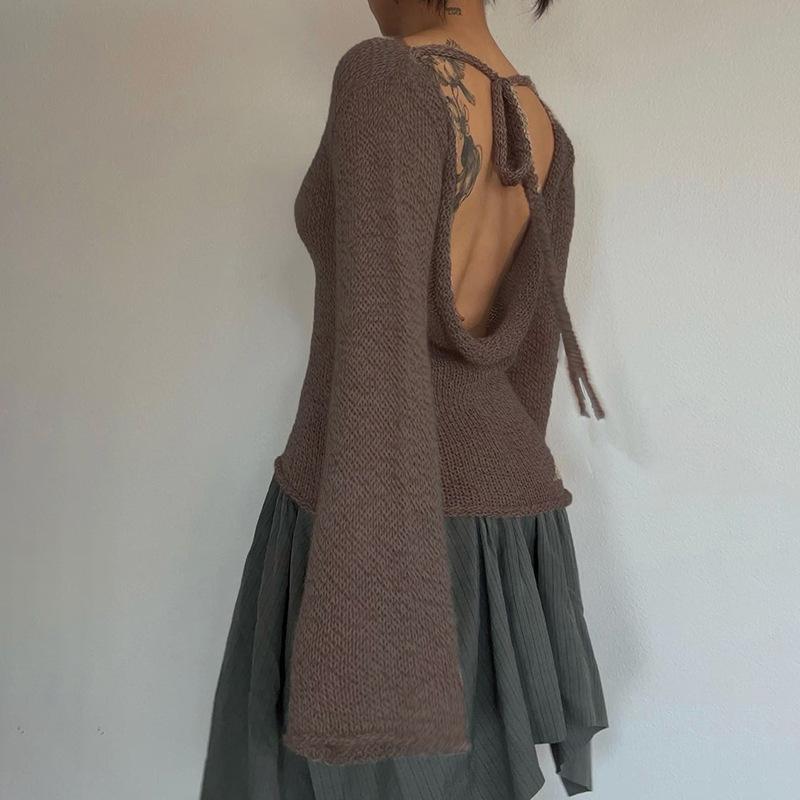 Mode Damen T-Shirt zum Binden am Rücken Pullover Langärmlig U-Boot-Ausschnitt Einfarbig Gestrickter Pullover Lässiges Oberteil