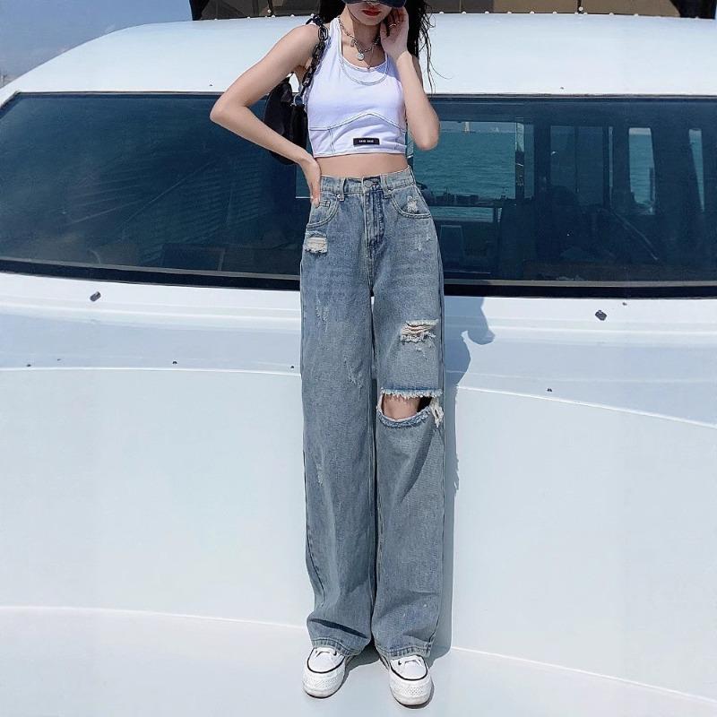 Ripped jeans women's autumn and winter new high-waisted thin straight drape small wide-leg pants tide