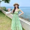 Women Green Floral Maxi Dress, Ruffle Sleeve Tiered Vacation Dress