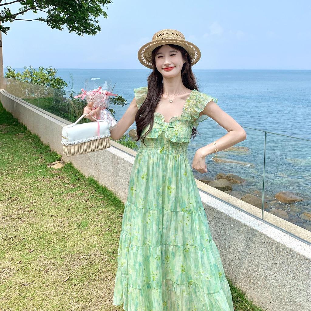 Women Green Floral Maxi Dress, Ruffle Sleeve Tiered Vacation Dress