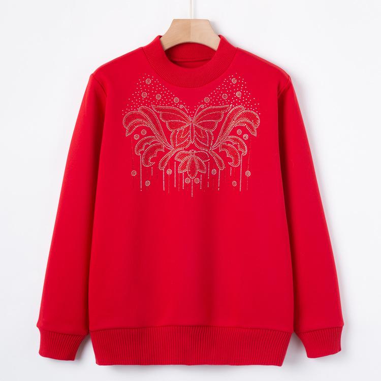 

Elderly Mothers with Plush Sweaters In Autumn and Winter, Fashionable Grandma Wearing Sweaters, Thickened Base Shirt, Bright Diamond Top 3XL красный