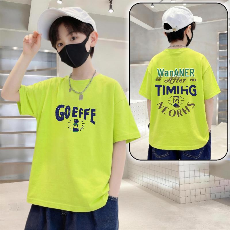 Trendy Boys  2026 Summer Loose Fit Graphic Tee - Pure Cotton, Short Sleeve Size 130 (50-60 kg)