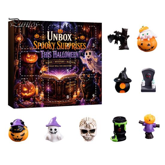 Halloween Home Table Decor Advent Calendar with 9 Mini Resin Figures, Day Spooky Countdown Decorative Figures for Windows To Calendar, Surprise