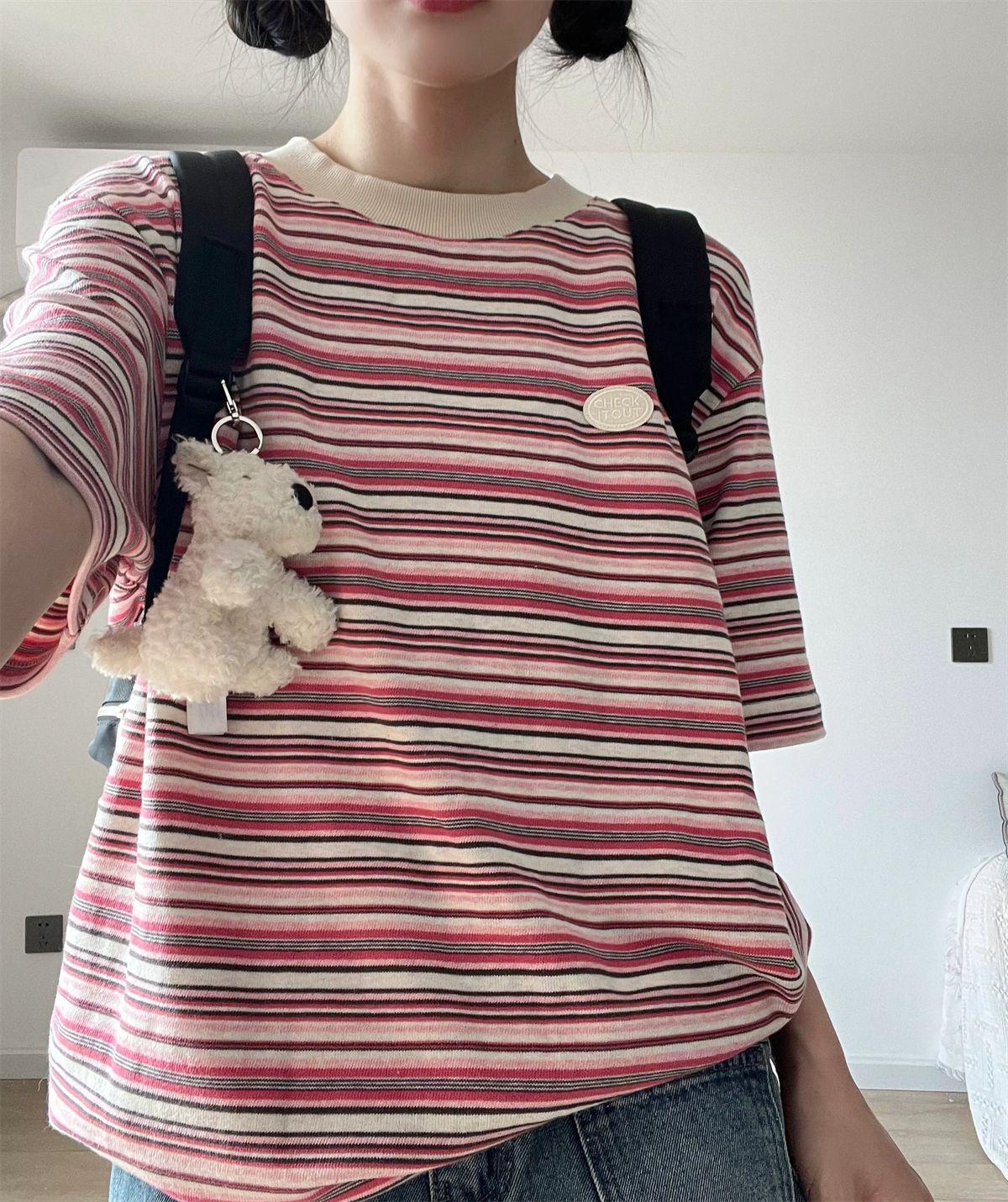 

Женский летний топ 2024 года в японском стиле, розовый в полоску, с рукавом до локтя, свободного кроя XXL