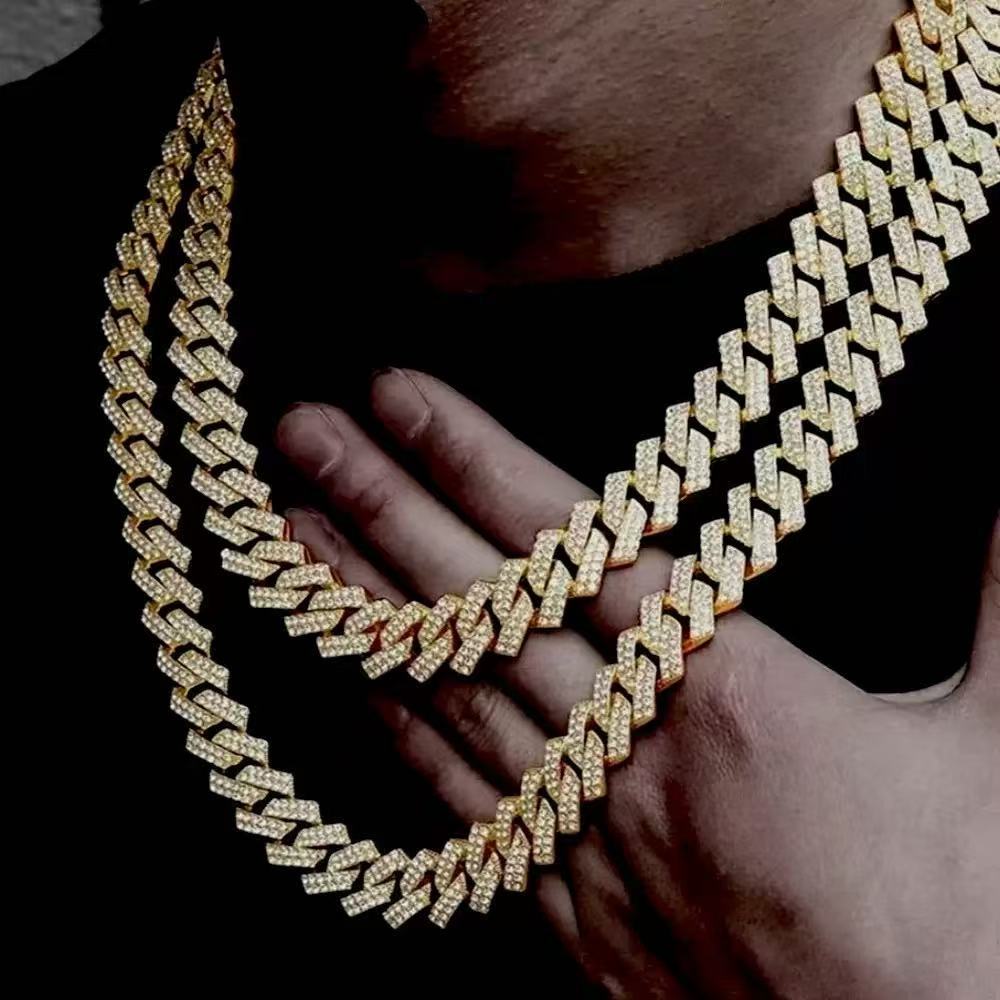 Mens Cuban Bracelet Necklace Full Diamond-Rhombus Design -Golden and silver colors Luxurious Sparkling Jewelry for Him