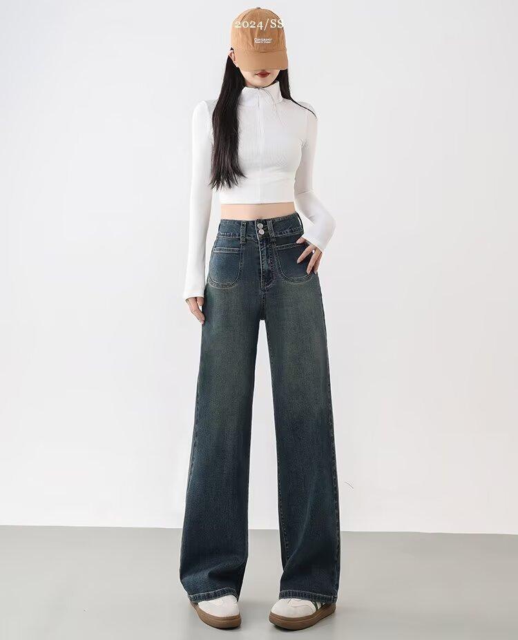 Retro blue straight-leg jeans for women, new high-waisted, large-size loose and thin pear-shaped wide-leg straight-leg pants.