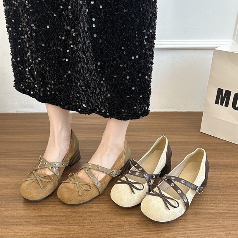 Round head light mouth khaki single shoes women's new spring and autumn double bow word with versatile comfortable single shoes