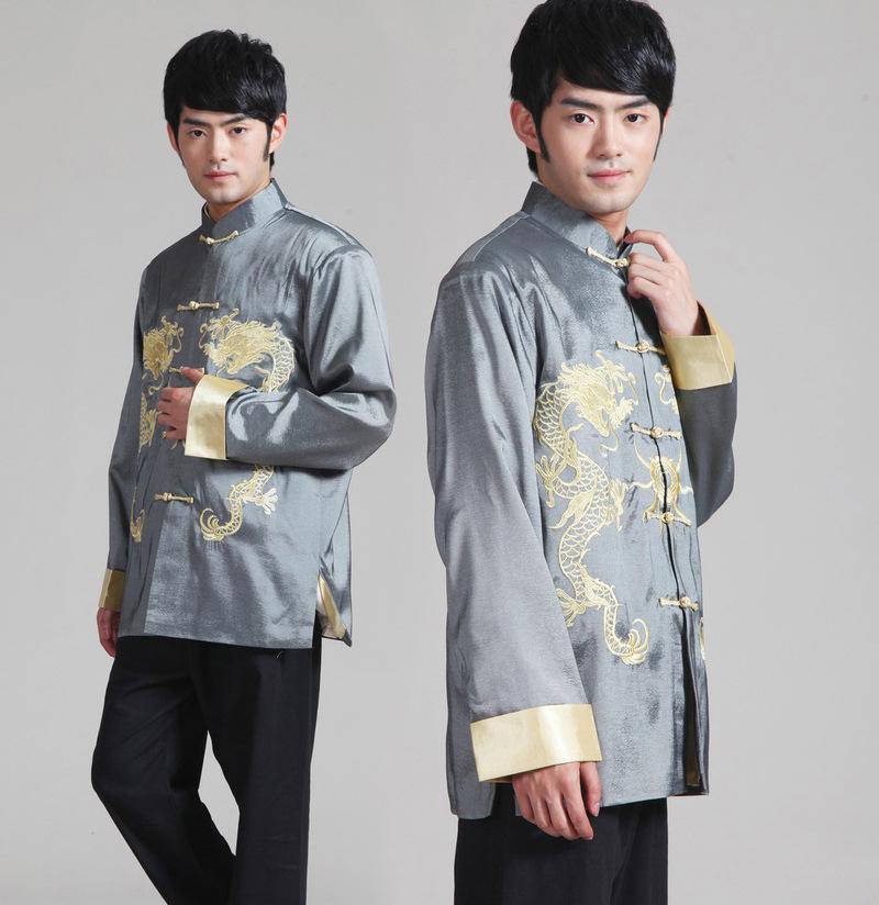 Embroidered Gold Double Dragon Tang Suit Men's Long-Sleeve Stand-Collar Outerwear