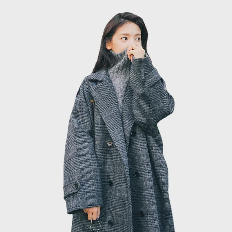 Women's Plaid Wool Coat, Padded Mid-Length Loose Korean Style for Winter 2025.