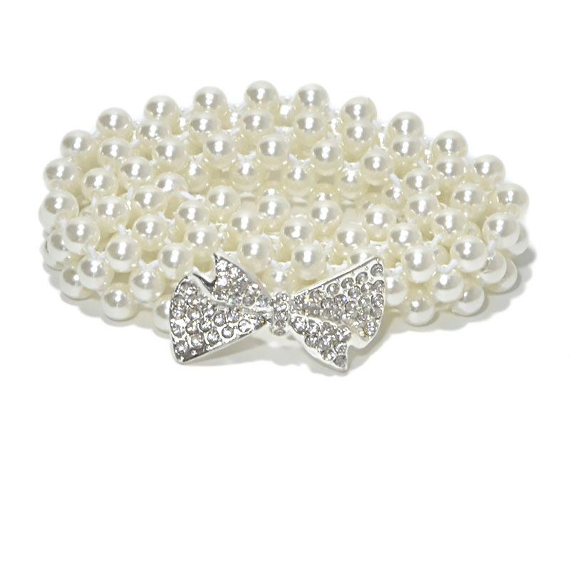 Pearl elastic thin belt fashionsweet rhinestone inlaid bows buckle waist chain