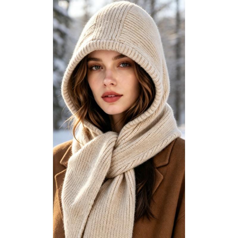Meier Knitted hooded, scarf integrated hat, autumn and winter warm ear protection pullover hat, unisex thickened