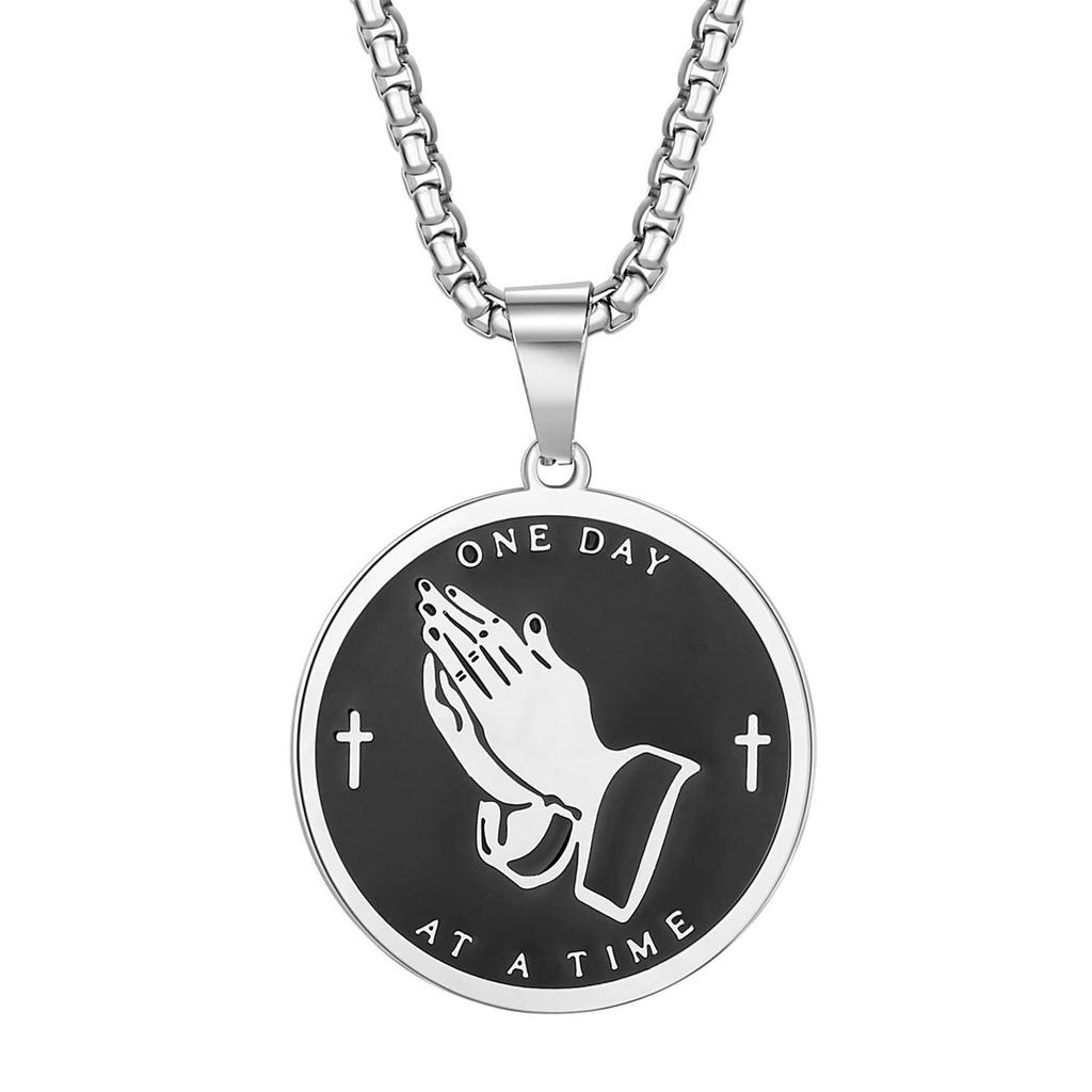Stainless Steel Round Pendant Necklace, Steel Praying Hand Round Pendant Necklace, for Both Men and Women