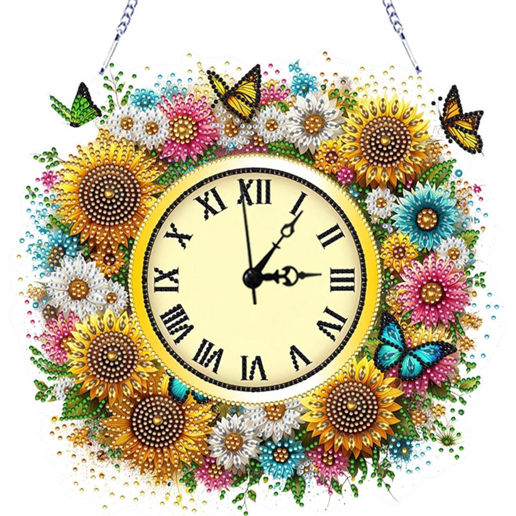 2D Flat DIY Sunflower Acrylic Special Shape 5D Hanging Clock Art Craft Diamond Art Clock Pendant Kit for Living Room Decoration