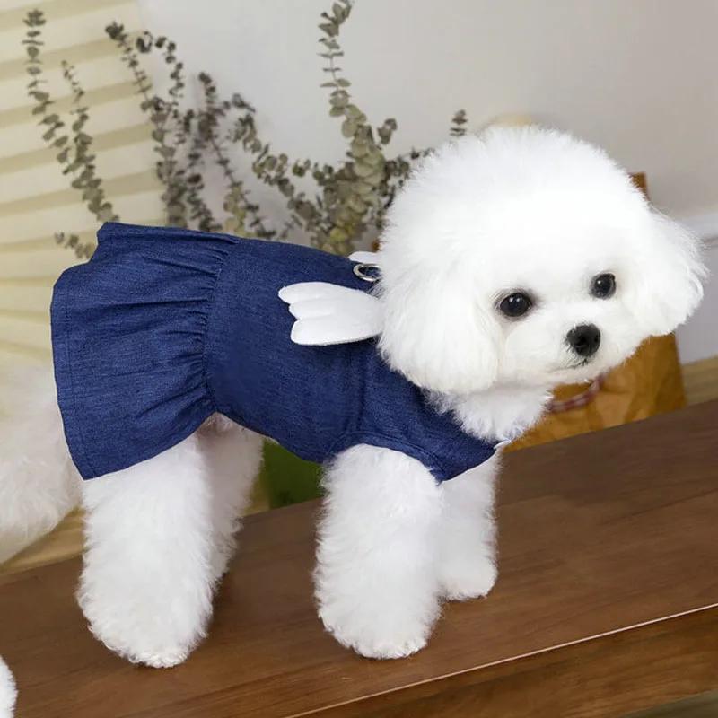 Dog Clothes Light/Deep Blue Denim Puppy Summer Clothes Wings Decor Clothing Dog Dresses Apparel Dog Harness Clothes Girls Dress