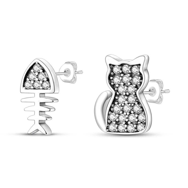 New 925 Silver Ear Jewelry Cats Dogs Cute Pets Design Stud Earrings Trendy Female Luxury Fine Engagement Wedding Earring