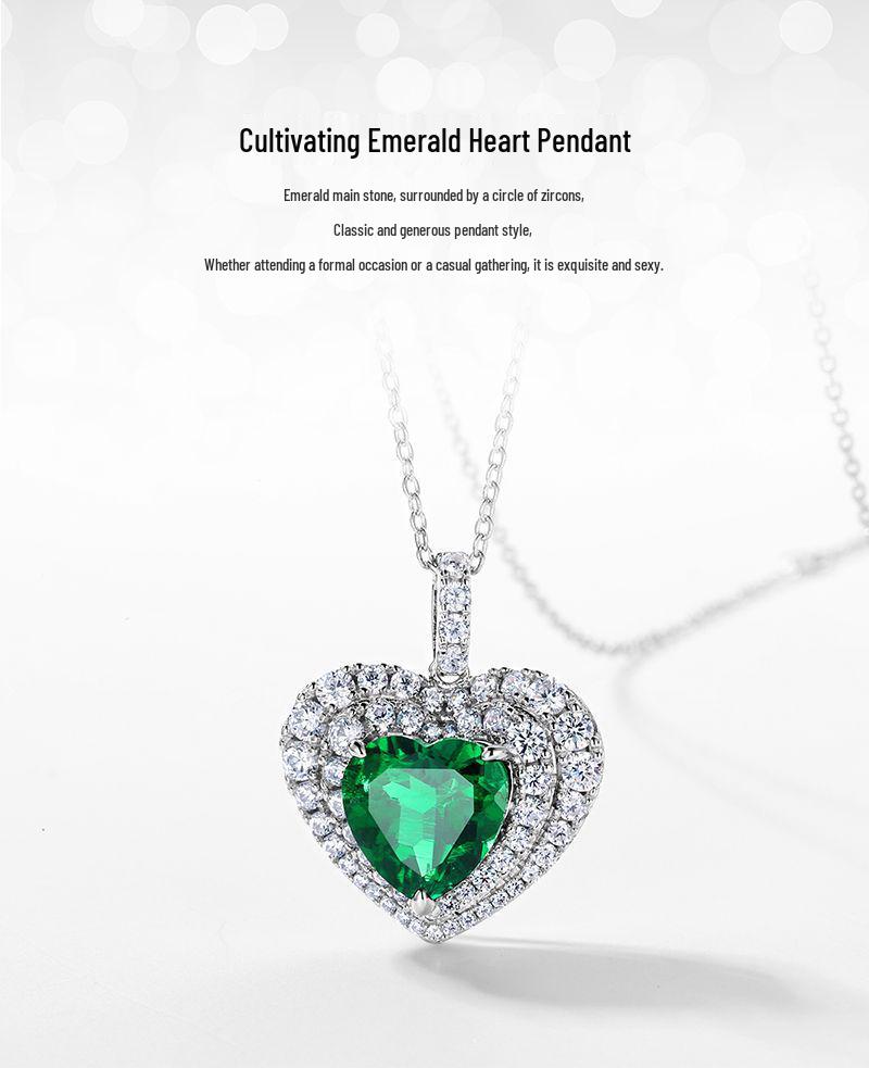S925 Silver Lab-Grown Emerald Heart Pendant: Retro European-American Style Necklace for Women