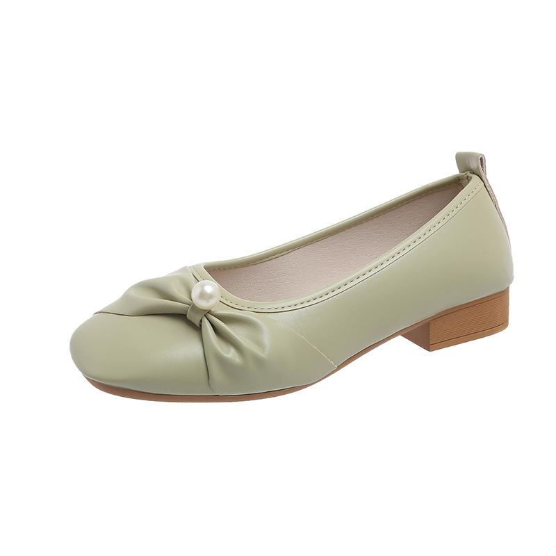 Women's Flat Shoes Spring New Square Head Shallow Mouth Pearl Soft Sole Anti-slip Wear-resistant Single Shoes