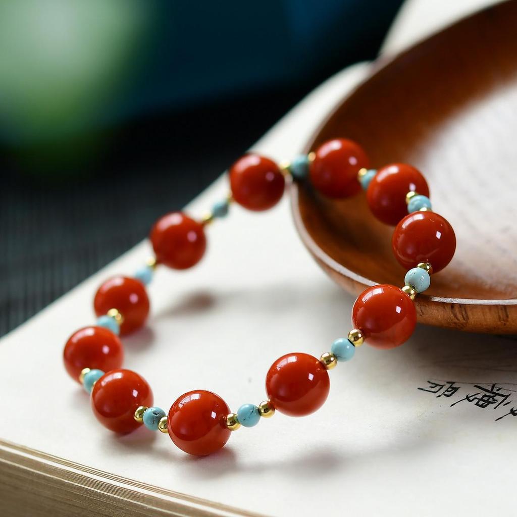 South Red Agate & Natural Turquoise Bracelet with 925 Silver Beads