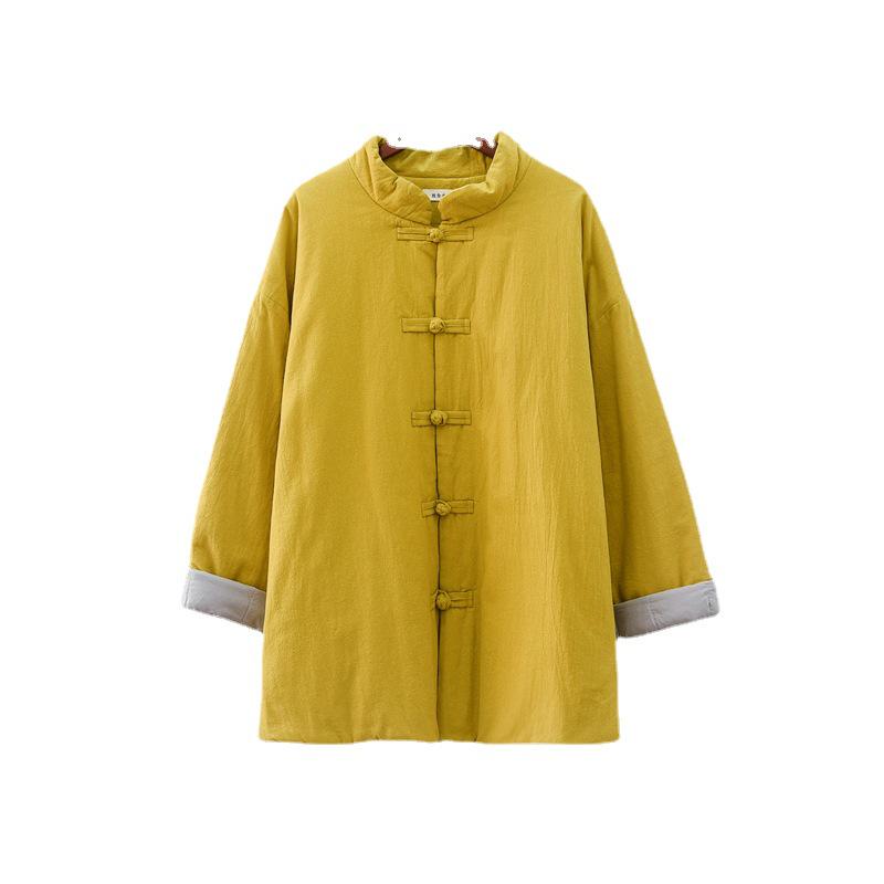 Winter Retro Chinese Cotton-Linen Women’s Coat - Solid Color, Stand Collar, Frog Button, Thickened Warm Jacket