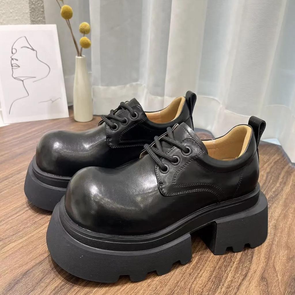 Fashion Genuine Leather Round Toe Loafers Women's Thick-Soled Lace-Up Black Patent Leather Platform Shoes Fashion 2025 Spring New Shoes
