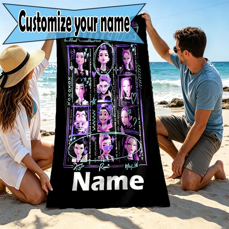 Custom Name Personalized KPop Demon Hunters Print Beach Towel, for Trip Camping Beach Party Home Decor, Birthday Gift for Family & Friends