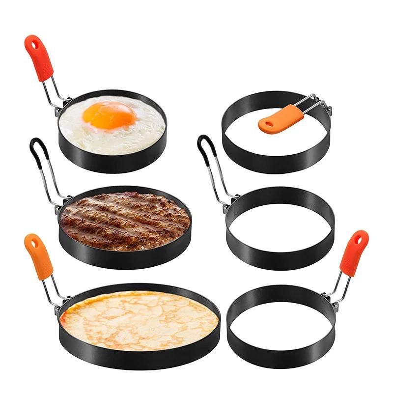 Professional Egg Rings Pancake Mold Set Set Stainless Steel Fried Egg Ring Griddle Pancake Shapers with Silicone Handle