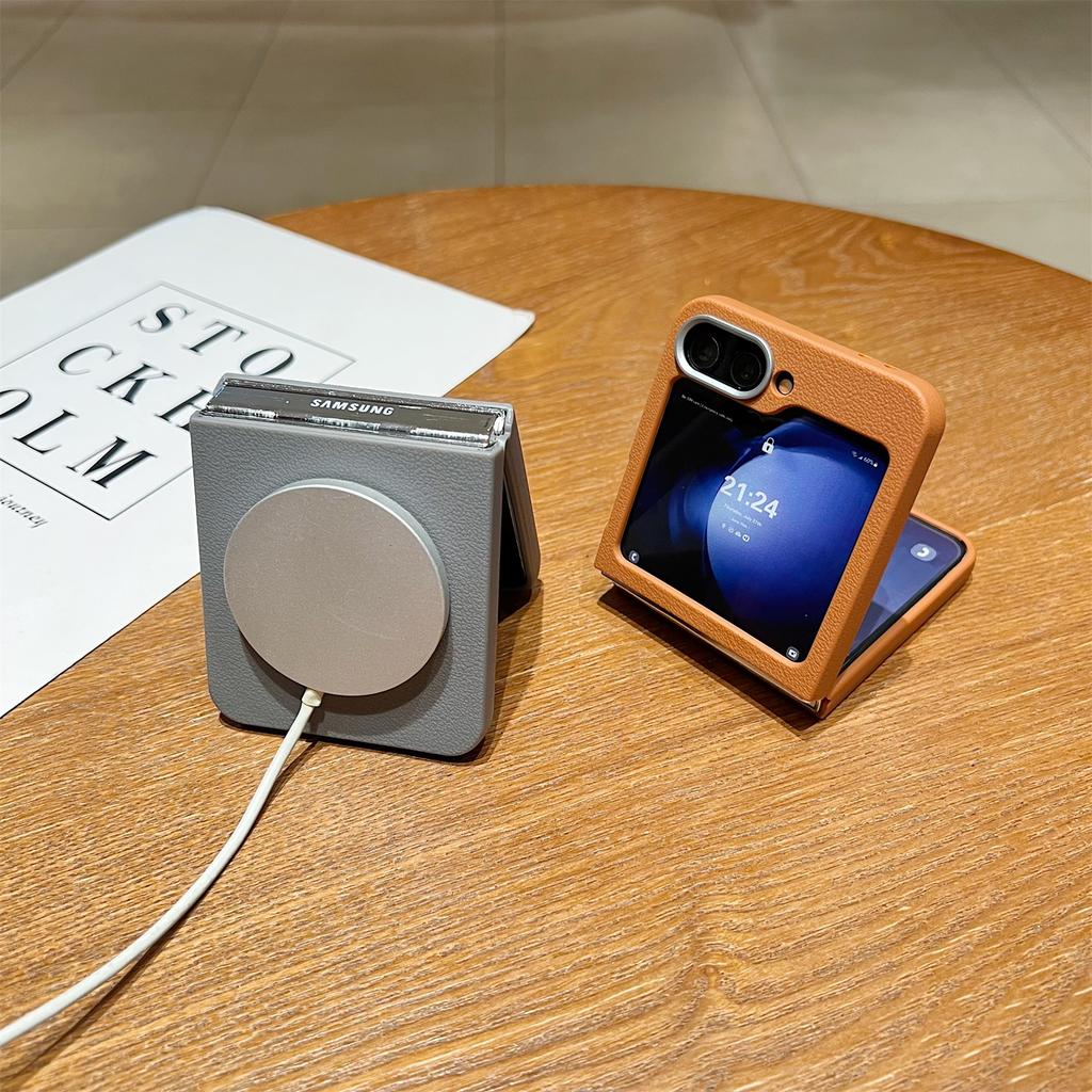 For Samsung Galaxy Z Flip6 5G Phone Cases Leather Texture TPU Back Cover Support Wireless Charging