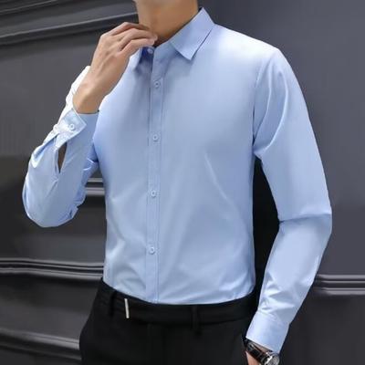 Męska koszula formalna w stylu biznesowym, kołnierzyk wykładany, długie rękawy, dopasowany krój, jednorzędowa, jednokolorowa, do biura i na spotkanie