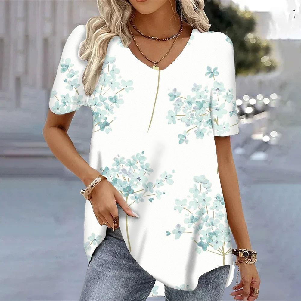 Trendy Feather 3d Printed T-shirts Summer V-neck Tops Short Sleeves Fashion Loose Tees Shirt For Ladies Hot Sales Clothes