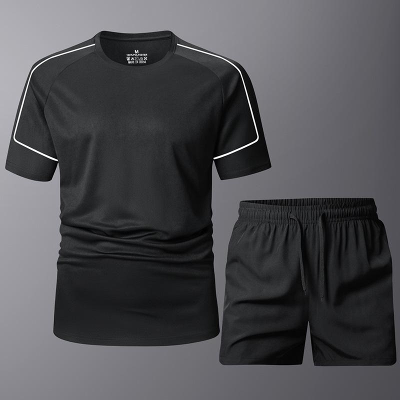 

Мужской спортивный комплект, Спортивный быстросохнущий повседневный комплект из ледяного шелка, Мужской комплект из двух предметов для бега с коротким рукавом S чёрный