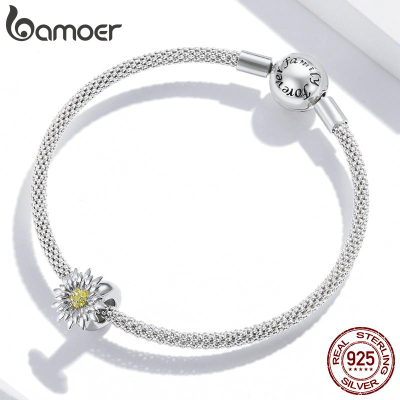 Bamoer 925 Sterling Silver Shine Zircon Bloom Sunflower Charm Beads Fit 3mm Bracelets
