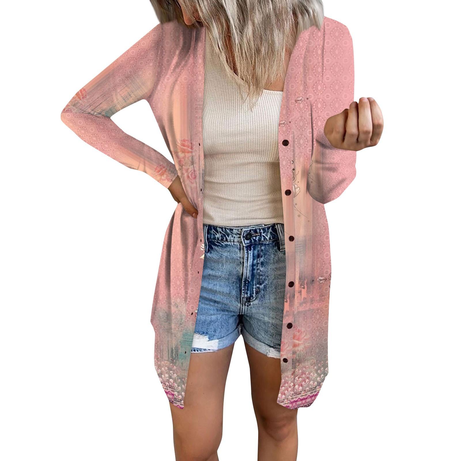 

Женский повседневный кардиган с длинным рукавом и цветочным принтом с карманом XXXXL розовый