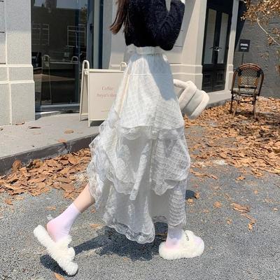 White Lace High-Waist Midi Skirt for Women - Early Autumn Asymmetric Tiered Cake Skirt with Ruffle Details & Design Sense