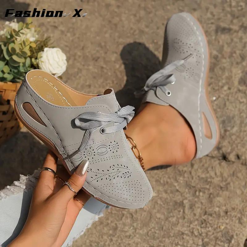 New Women's Wedge Heel Half Slippers Lace Up Pattern Hollow Headed Women's Slippers 43 Size Women's Shoes  Summer New Sandals