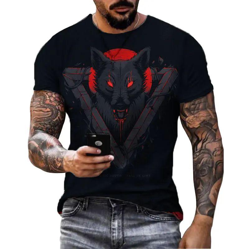 Summer Men Fun Daily Loose Wolf Pattern 3d Printed O Collar Short Sleeve T-Shirt Personality Street Plus Size Breathable Top