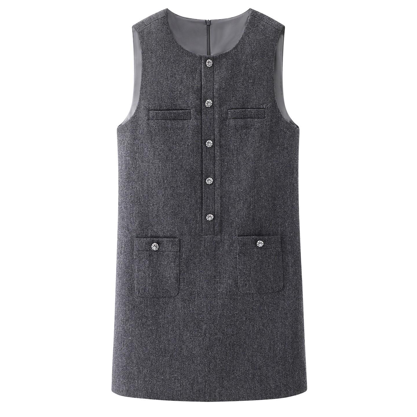 Women s Slim Fit Wool Vest Dress - 2025 Winter Elegant Round Neck Single-Breasted Sleeveless Skirt Large серый