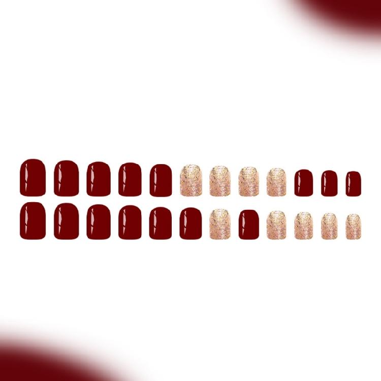 24pcs Glossy Red Glitters Press On Nail Short Square Styles Durability Fake Nail For Christmas And New Year Party